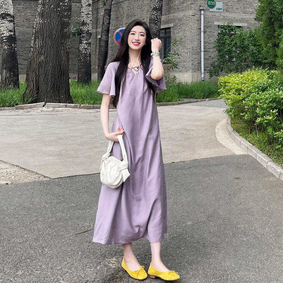 Purple Loose French Beach Maxi Dress Women