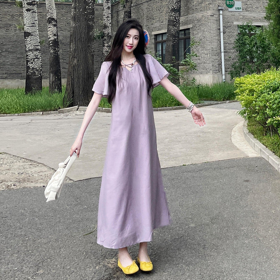 Purple Loose French Beach Maxi Dress Women