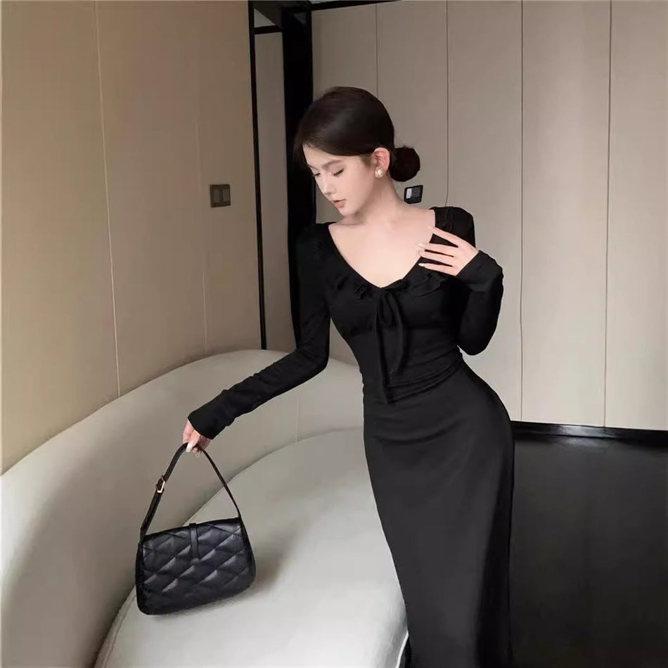 Ruffled V-Neck Knit Slim Hip Dress Women Winter