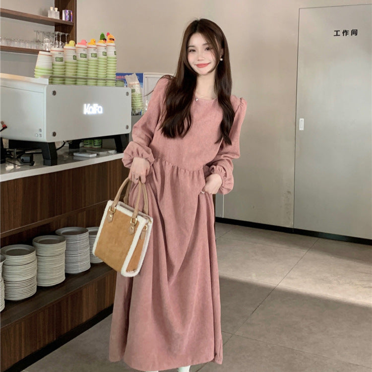 Pink Corduroy Lantern Sleeve A-Line Dress Women