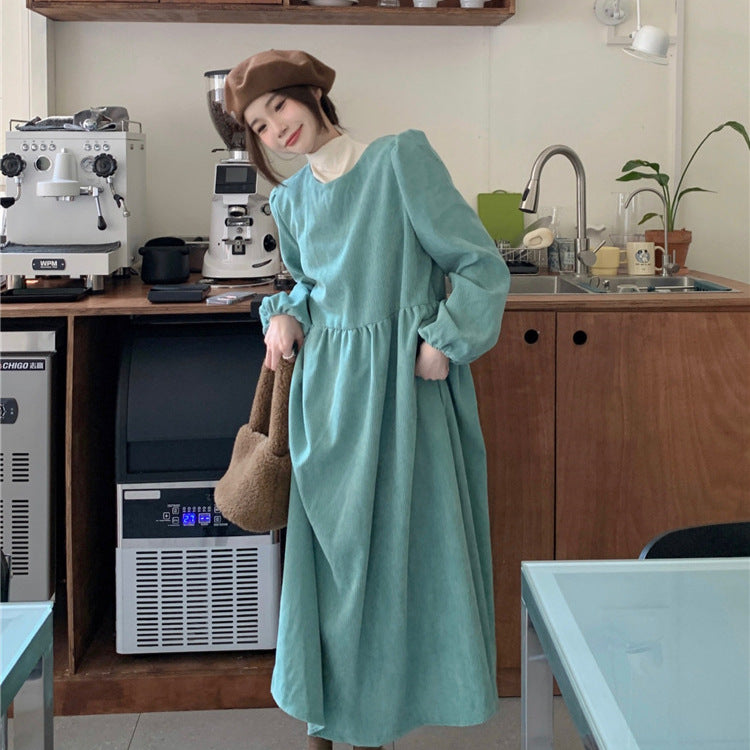 Pink Corduroy Lantern Sleeve A-Line Dress Women