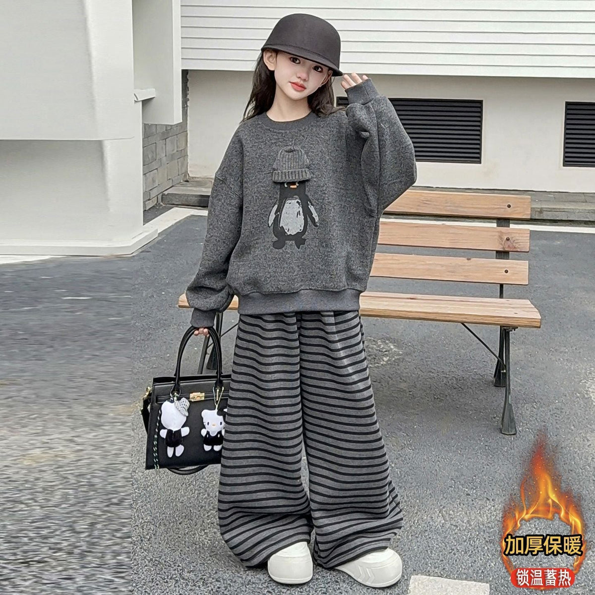 Girls Penguin Sweatshirt Set – Winter Velvet Outfit – Outfit Sets – Image 3