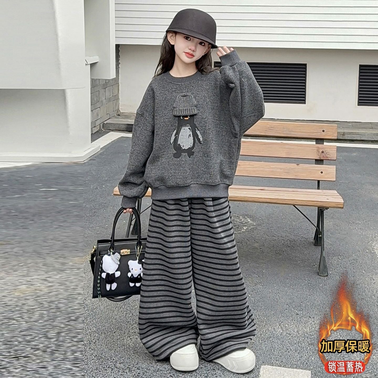 Girls Penguin Sweatshirt Set – Winter Velvet Outfit – Outfit Sets – Image 3