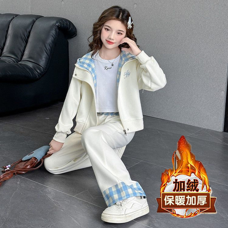 Girls Hooded Plaid Set – Winter Velvet Jacket Outfit – Outfit Sets – Image 1