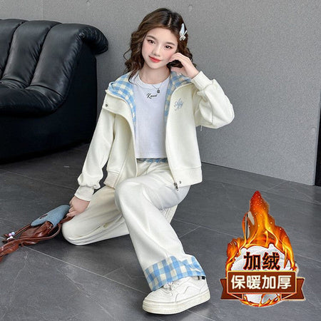 Girls Hooded Plaid Set – Winter Velvet Jacket Outfit – Outfit Sets – Image 1