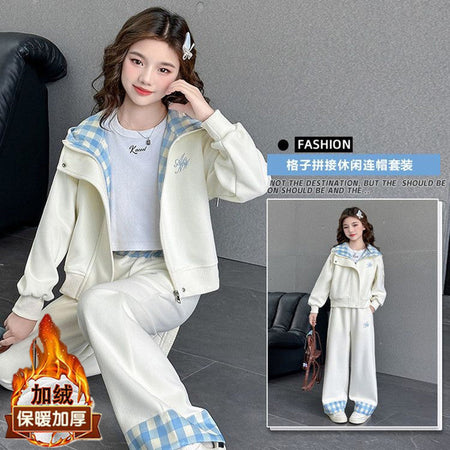 Girls Hooded Plaid Set – Winter Velvet Jacket Outfit – Outfit Sets – Image 2