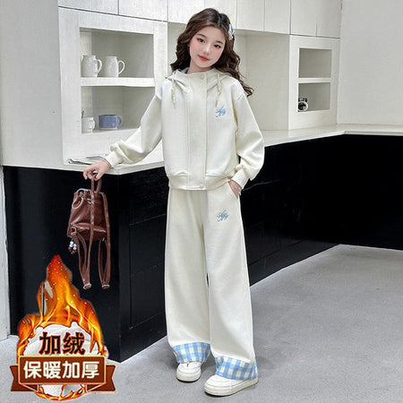 Girls Hooded Plaid Set – Winter Velvet Jacket Outfit – Outfit Sets – Image 3