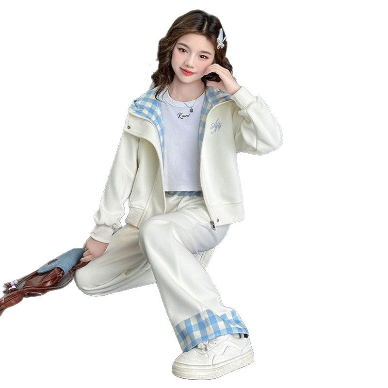 Girls Hooded Plaid Set – Winter Velvet Jacket Outfit – Outfit Sets – Image 5