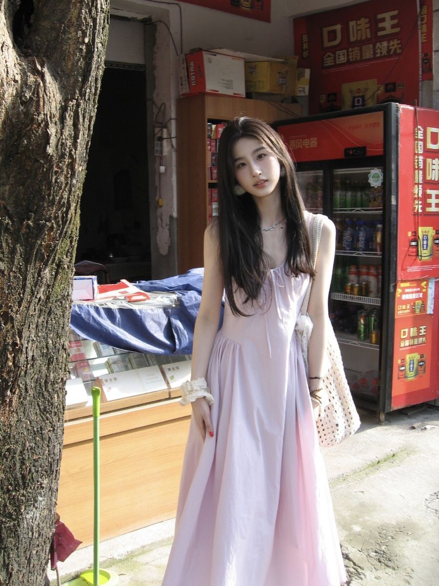 Purple Pleated Suspender A-Line Dress Women Summer 2026