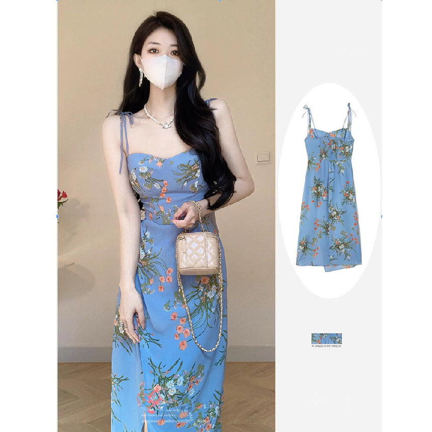 French Printed Off-Shoulder Slit Dress Women 2025