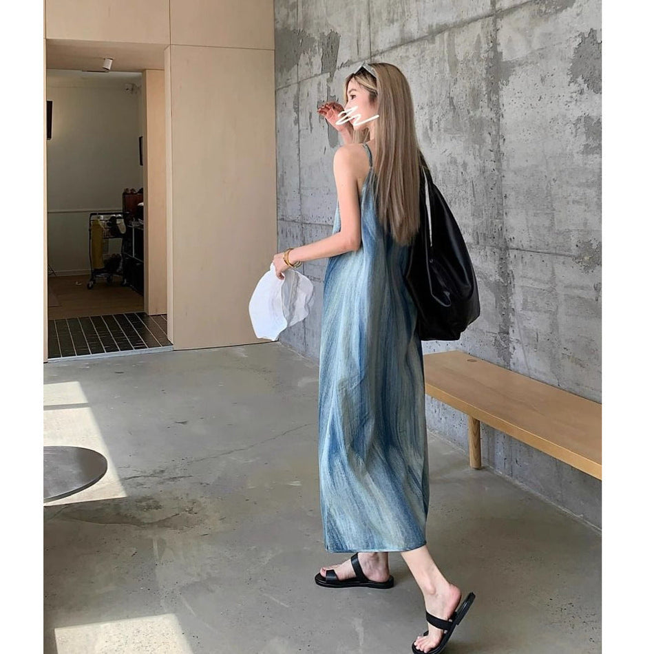 Vintage Denim Sling Dress Women Loose Summer Long Dress