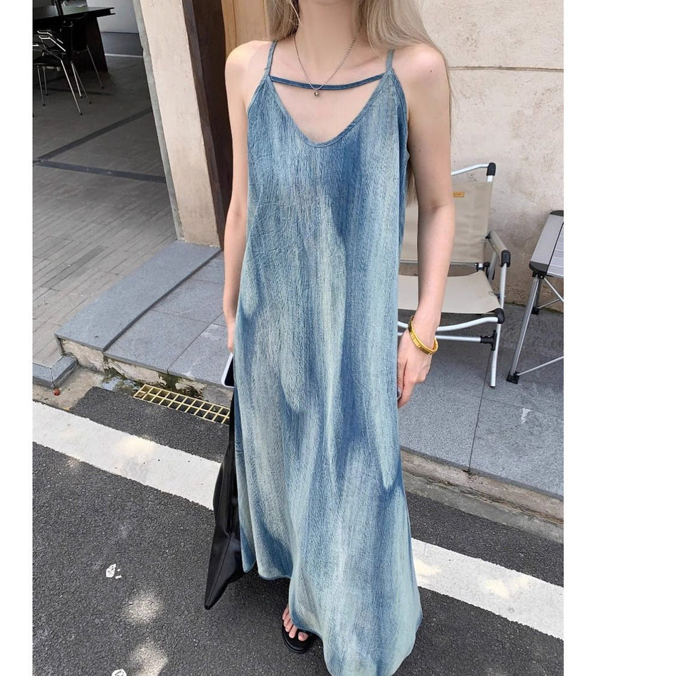 Vintage Denim Sling Dress Women Loose Summer Long Dress
