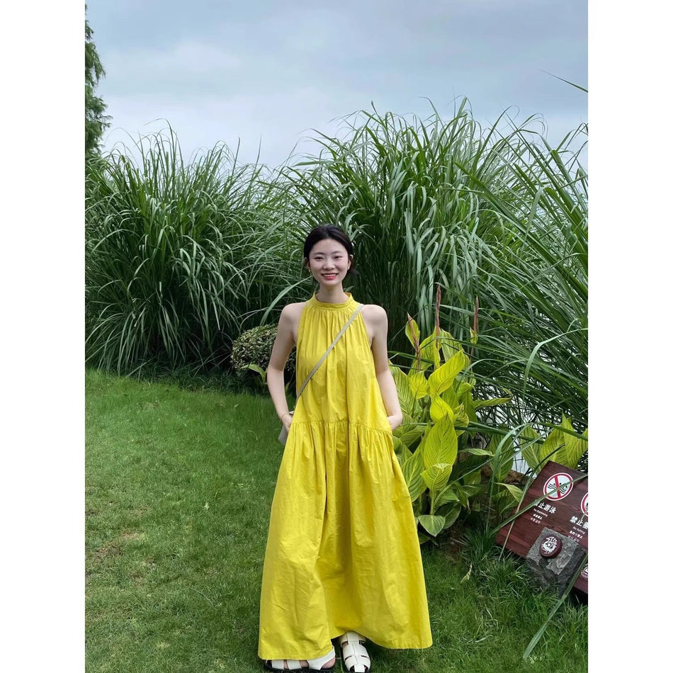 French Yellow Off-Shoulder Loose Long Dress Women Summer