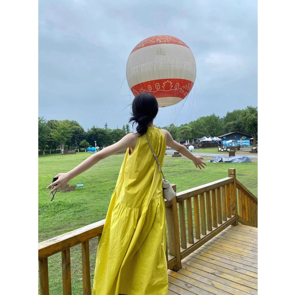 French Yellow Off-Shoulder Loose Long Dress Women Summer