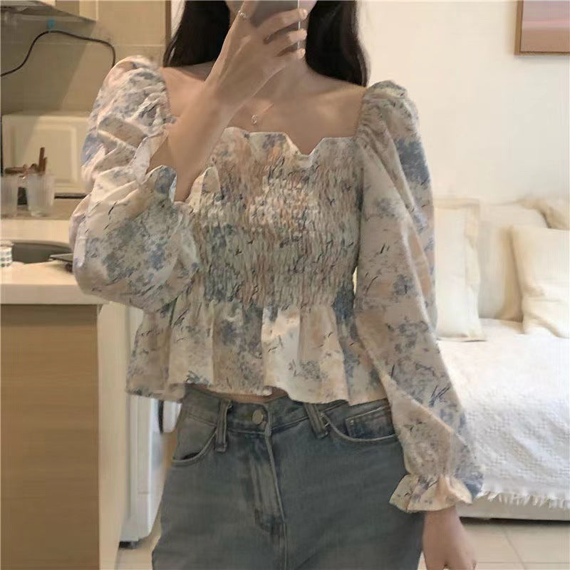 French Square Collar Floral Chiffon Shirt Women Top