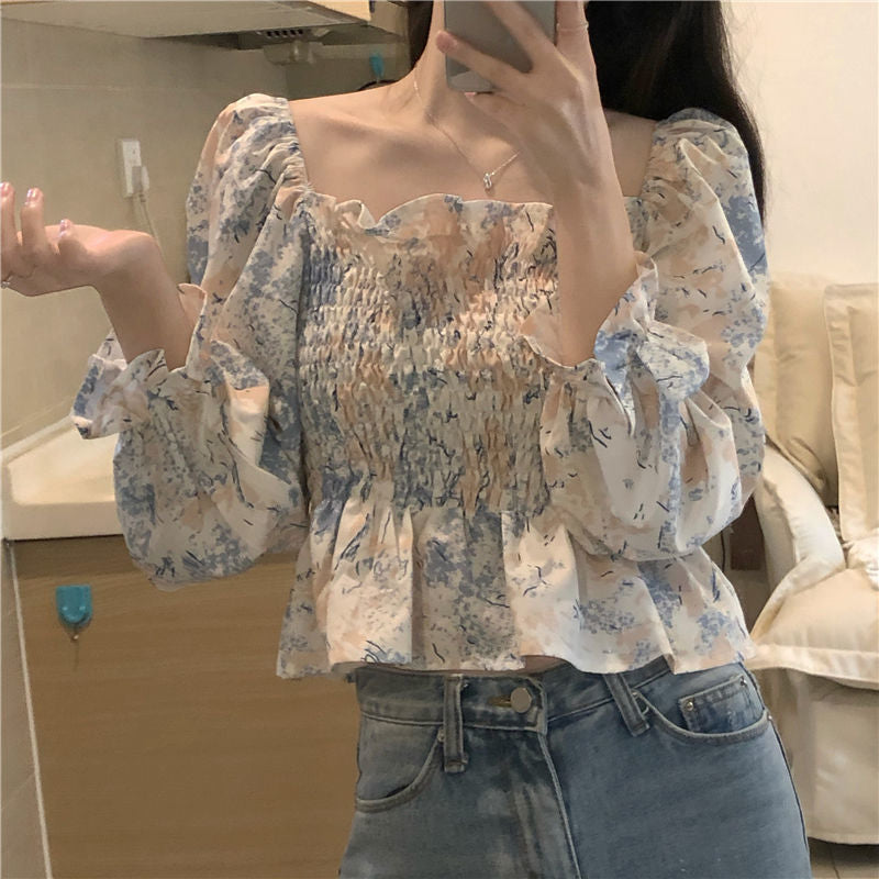 French Square Collar Floral Chiffon Shirt Women Top