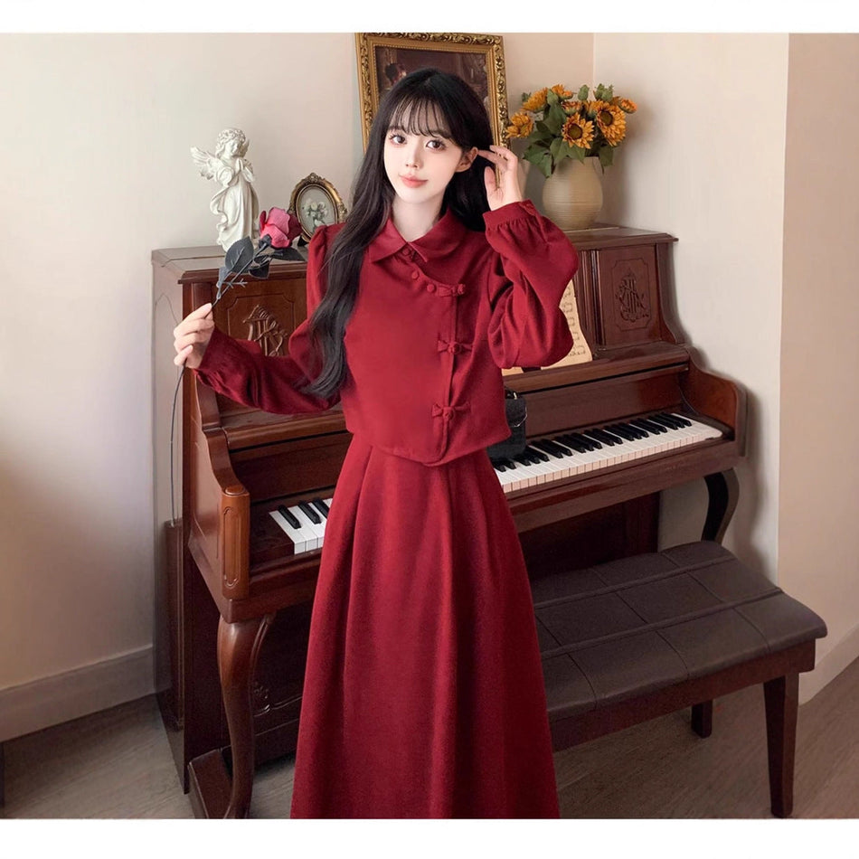 Red Chinese Style Two-Piece Dress Women Autumn Winter