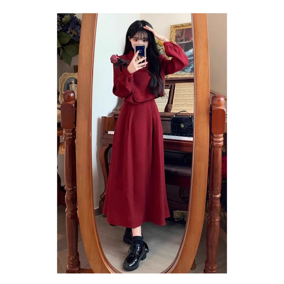 Red Chinese Style Two-Piece Dress Women Autumn Winter