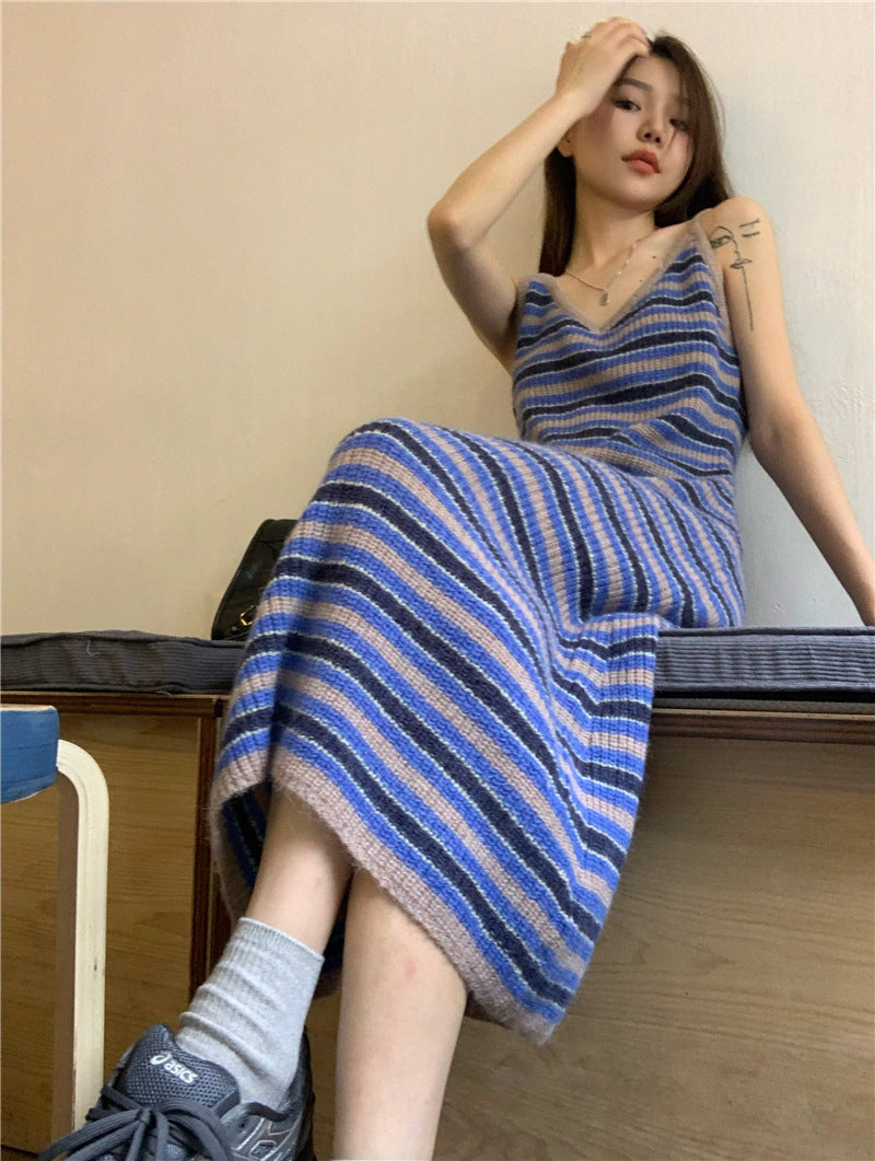 Blue Striped V-Neck Sling A-Line Dress Women Summer