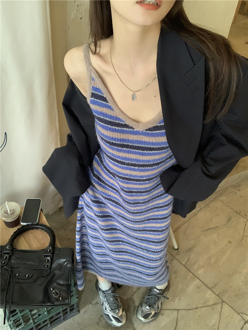 Blue Striped V-Neck Sling A-Line Dress Women Summer