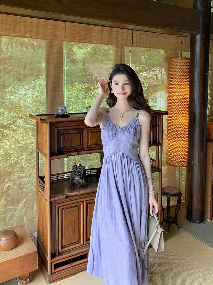 Purple Suspender Beach Dress Women Summer Slim Fit