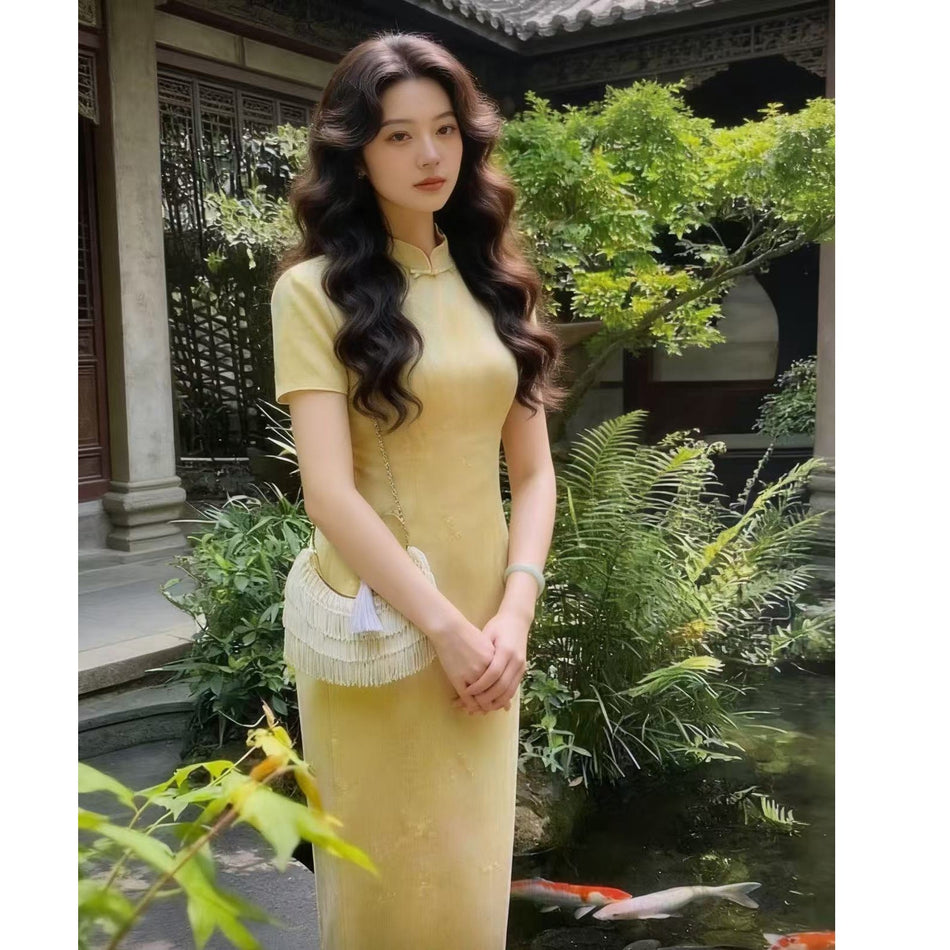 Yellow Cheongsam Floral Dress Women Plus Size Elegant