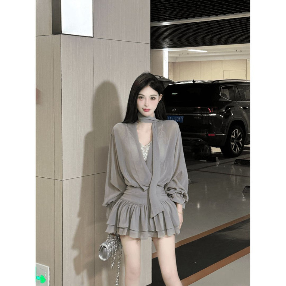 Gray V-Neck Chiffon A-Line Dress Women Autumn Elegant