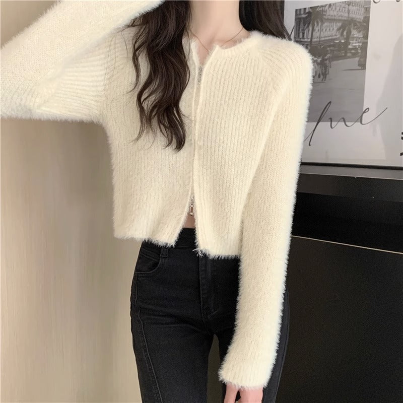 Mohair Zipper Cardigan Sweater Women Slim Fit Autumn