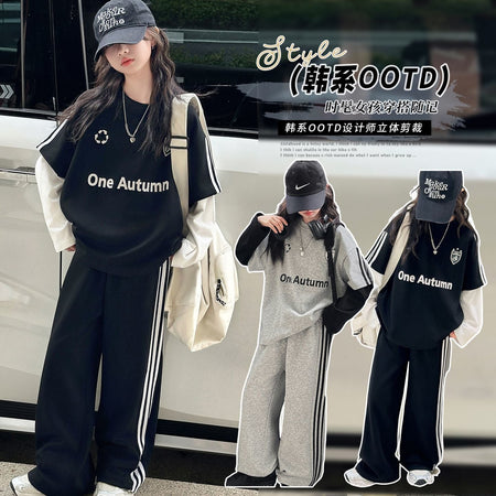 Girls Color Block Faux Two-Piece Korean Outfit Set – Baby & Children's Outfits – Image 1