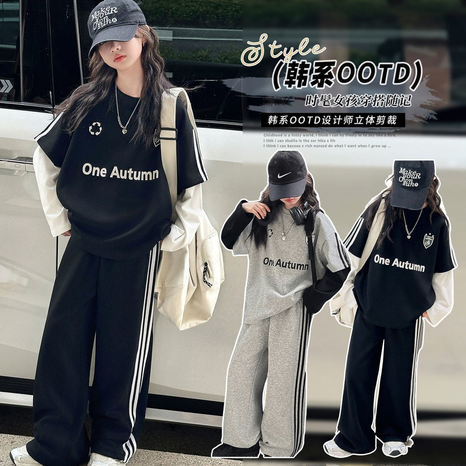 Girls Color Block Faux Two-Piece Korean Outfit Set – Baby & Children's Outfits – Image 1