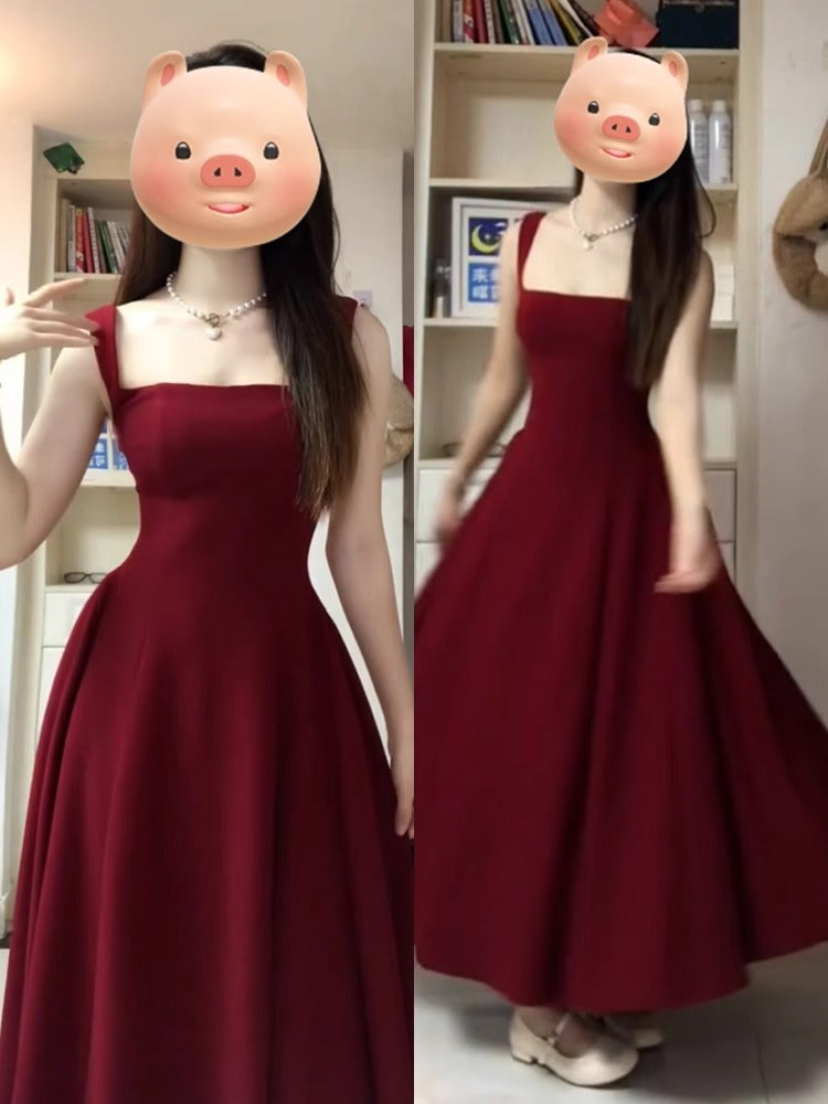 Red French Hepburn A-Line Strap Dress Women Summer