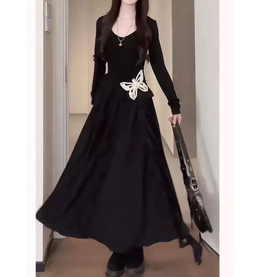 Plus Size Black Asymmetrical Dress Women Autumn Slim Fit