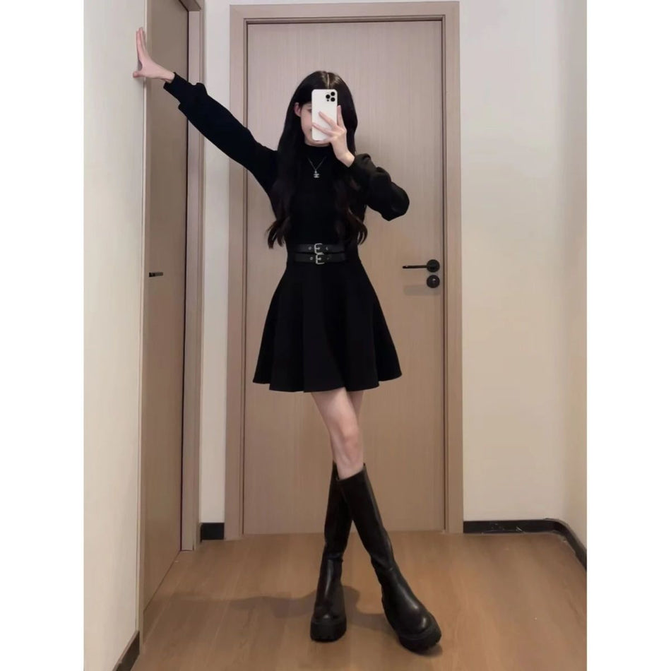 French Black Slim Fit Inner Dress Women Autumn Winter