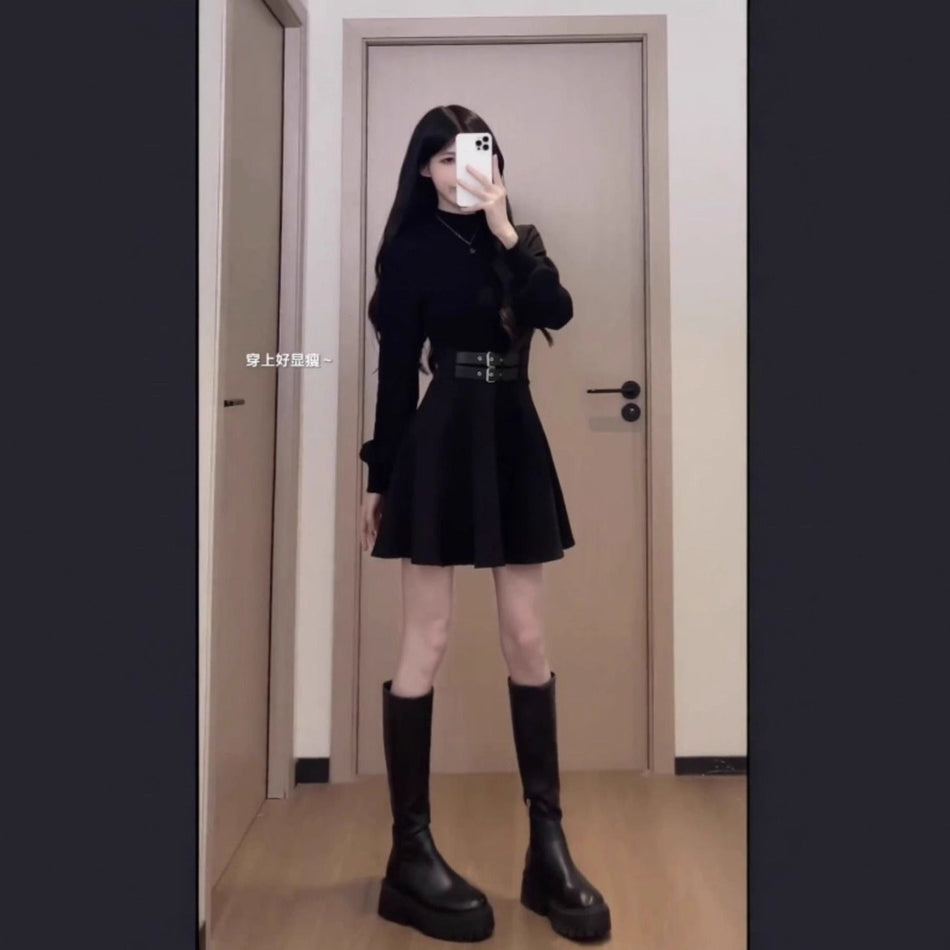 French Black Slim Fit Inner Dress Women Autumn Winter