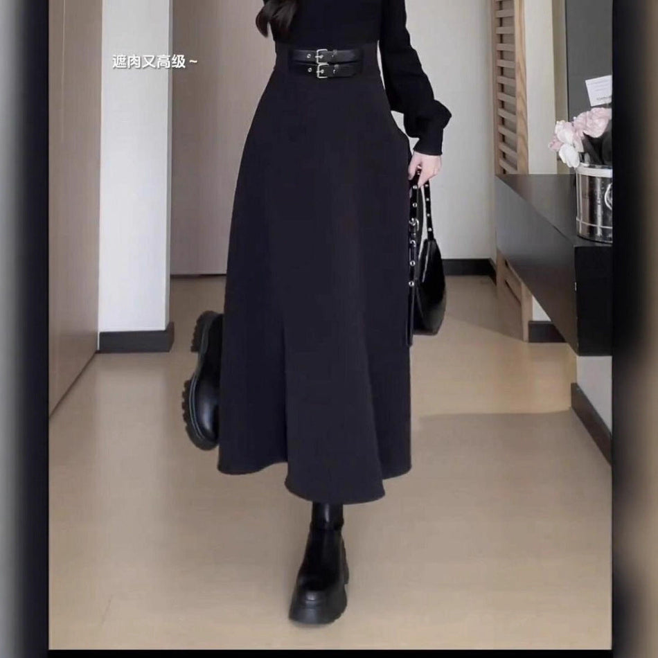 French Black Slim Fit Inner Dress Women Autumn Winter