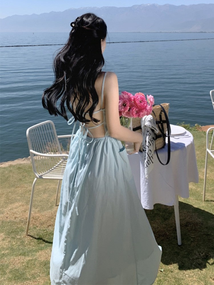 Blue Backless Suspender A-Line Beach Dress Women Summer