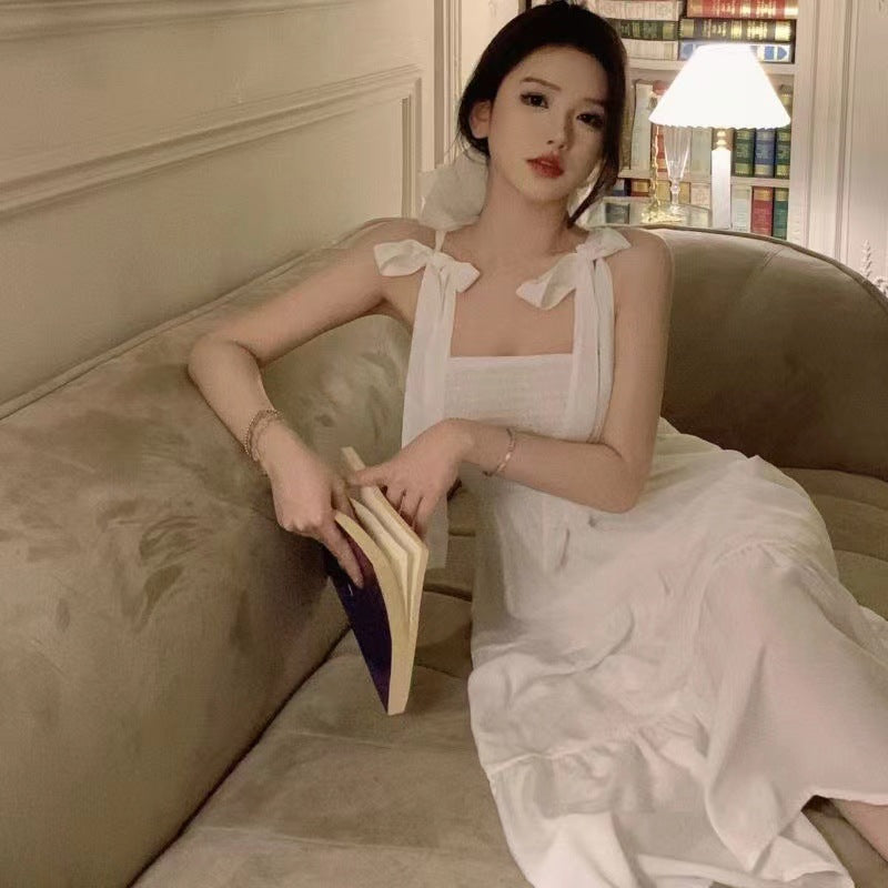 White Sling Beach Dress Women Slim Fit Vacation Long Dress