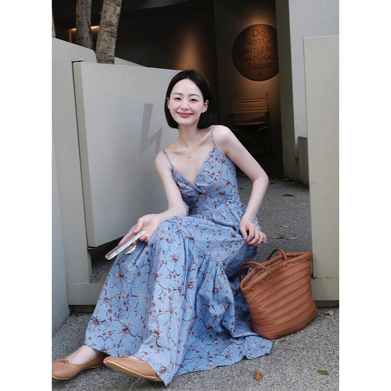 Blue Floral Suspender V-Neck Dress Women Summer Beach