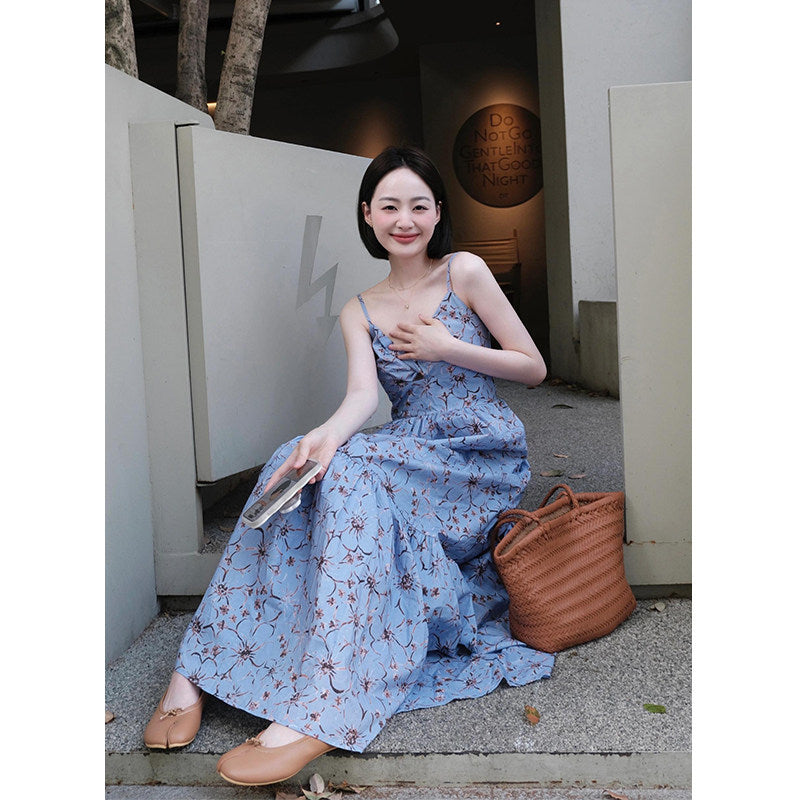 Blue Floral Suspender V-Neck Dress Women Summer Beach