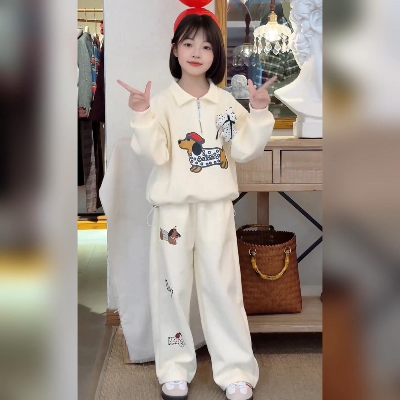 Girls Dachshund Cartoon Sweatshirt Set Spring Autumn – Baby & Children's Outfits – Image 2