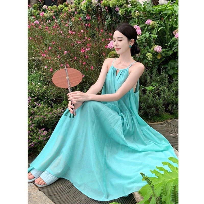French Hollow Strap Loose Beach Dress Women Summer