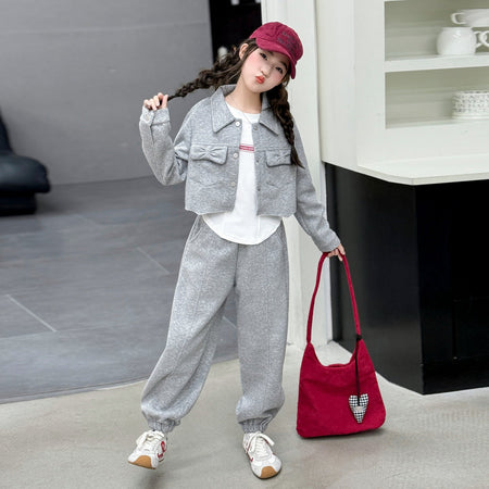 Girls Korean Cardigan Bow Sweatshirt Set Spring Autumn – Baby & Children's Outfits – Image 3
