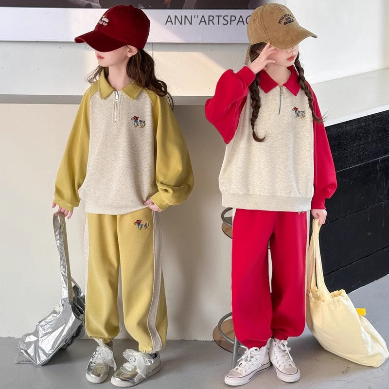 Girls Raglan Polo Sweatshirt Set Spring Autumn – Baby & Children's Outfits – Image 1