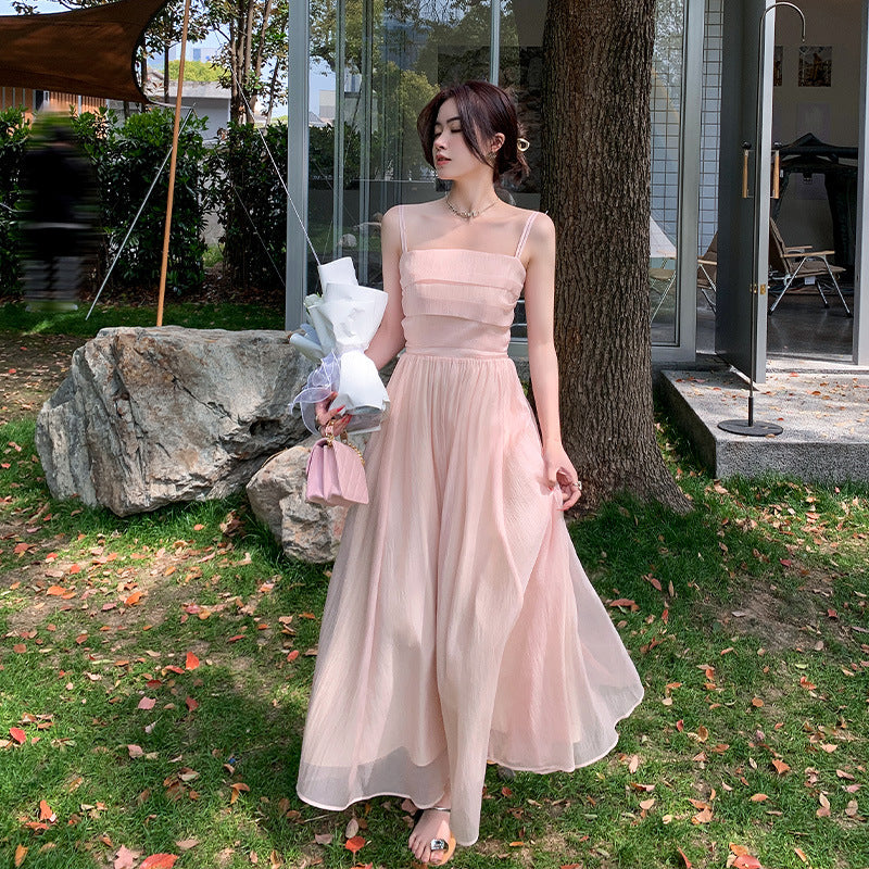 Pink Fairy Slip Dress Women French Princess Long Dress