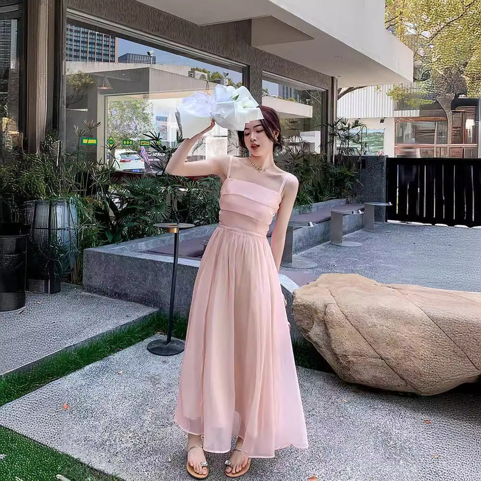 Pink Fairy Slip Dress Women French Princess Long Dress