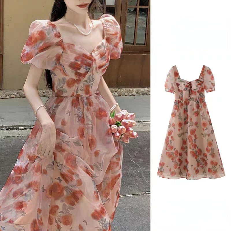 Floral Square Collar Chiffon Princess Maxi Dress Women