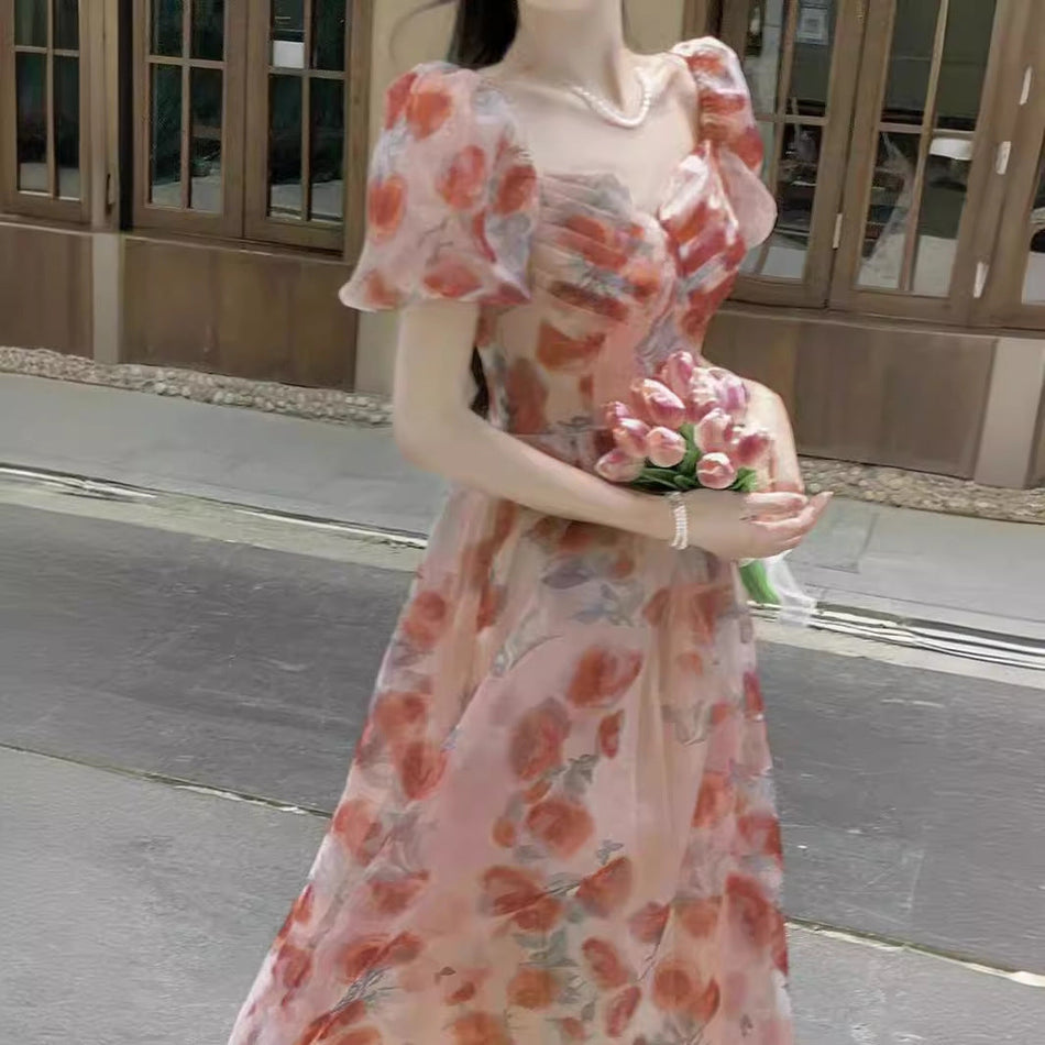 Floral Square Collar Chiffon Princess Maxi Dress Women