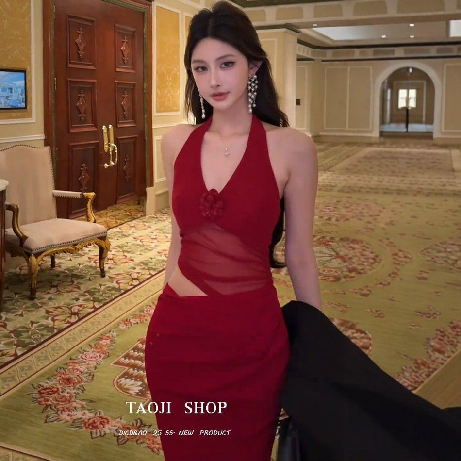 Mesh Halter Waist-Tight Elegant Summer Dress Women