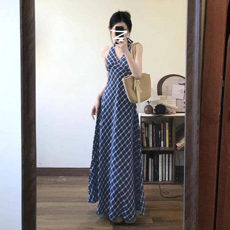 French Retro Halter A-Line Slimming Summer Dress Women