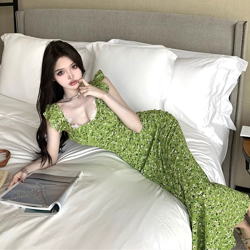 French Floral Square Collar Chiffon Summer Dress Women